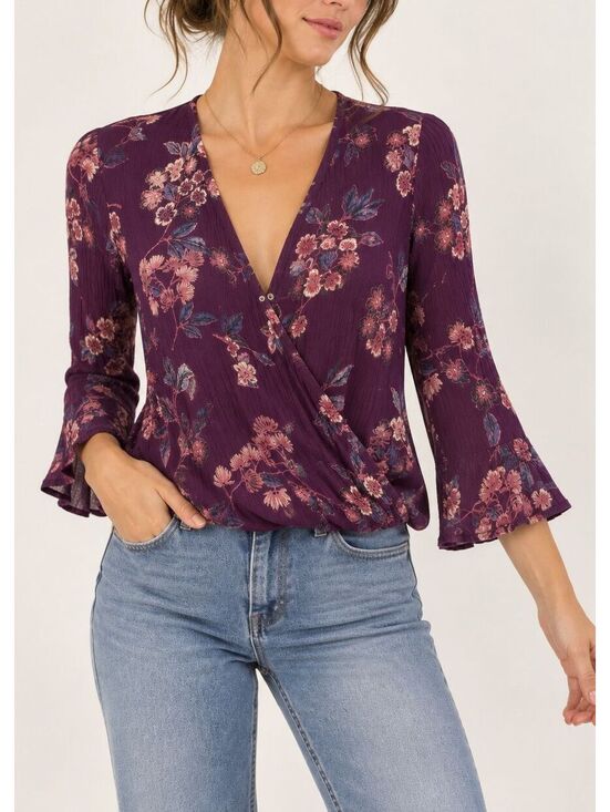 Anthropologie Tops - Anthropologie Boho Floral Wrap Blouse Bell Sleeve Romantic Purple Top Size Small